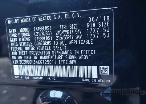 2019 Honda Hr-V Lx из США, поврежденный, VIN 3CZRU6H34KG725011